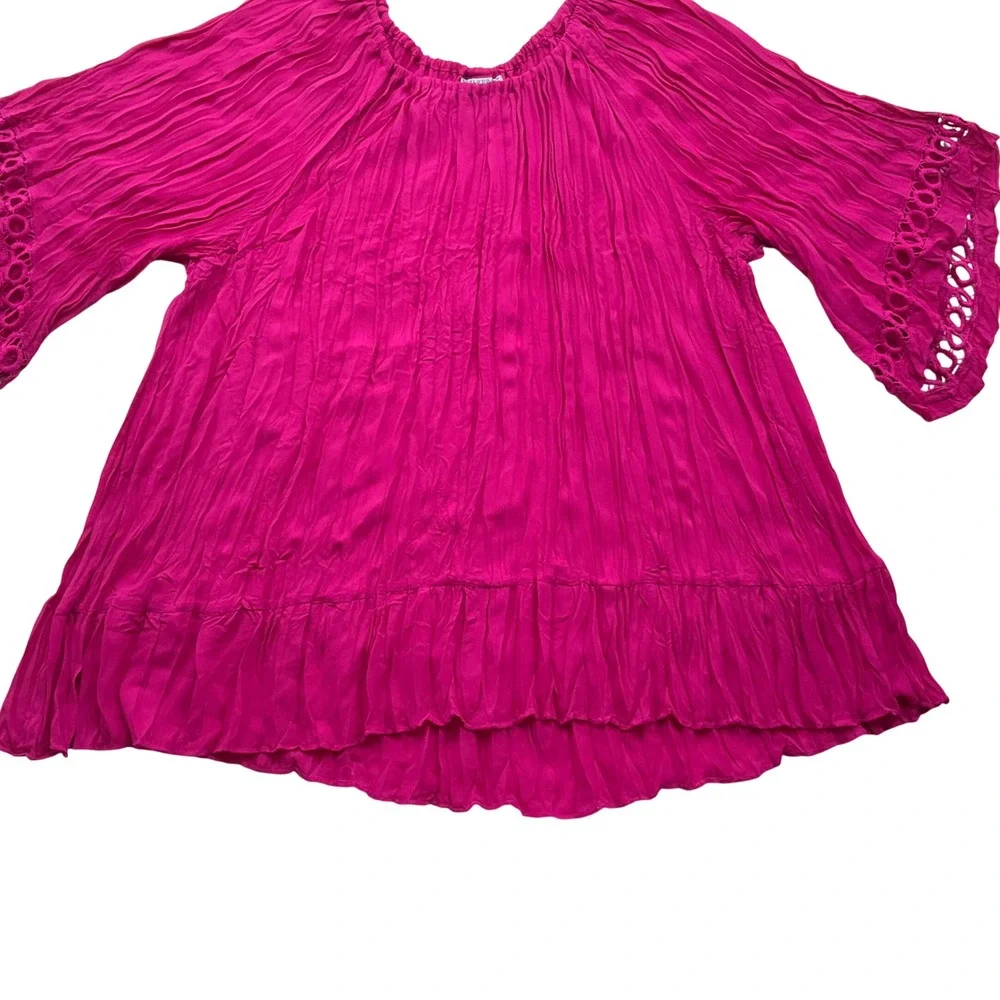 Catherines Peasant Top Womens 2X Magenta Crinkle Eyelet Lace Boho Blouse